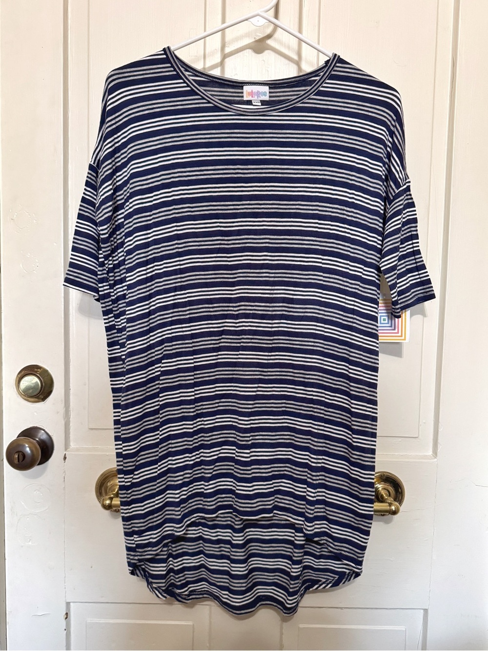 LuLaRoe Navy Blue Striped Irma High-Low Tunic Shirt Size XXS NWT